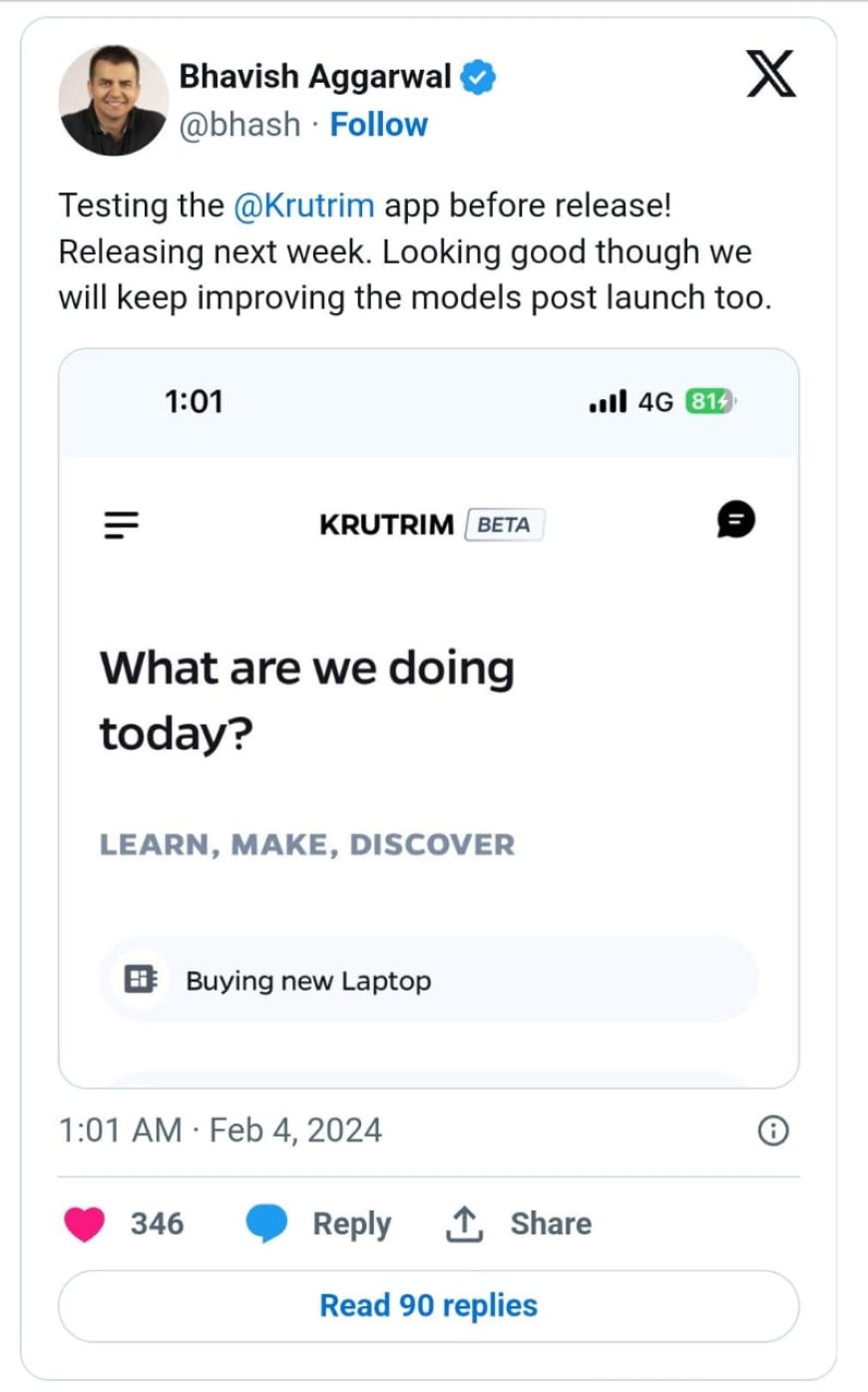 Krutrim AI - New AI Chatbot App by OLA's Founder Bhavesh Kumar to launch soon