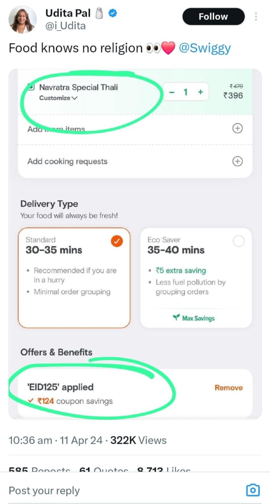 "Food knows no religion", Bengaluru entrepreneur orders Navratri Special Thali and gets Eid Discount on Swiggy